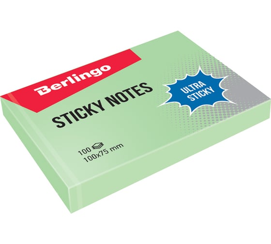 Самоклеящийся блок BERLINGO Ultra Sticky 100x75 мм, 100 листов, пастель, зеленый LSn_39501