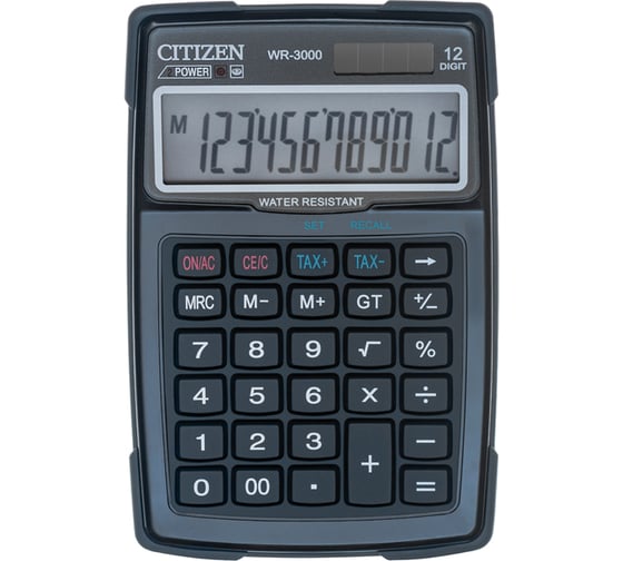 Водонепроницаемый калькулятор Citizen WR-3000 12 разрядов, двойное питание, черный