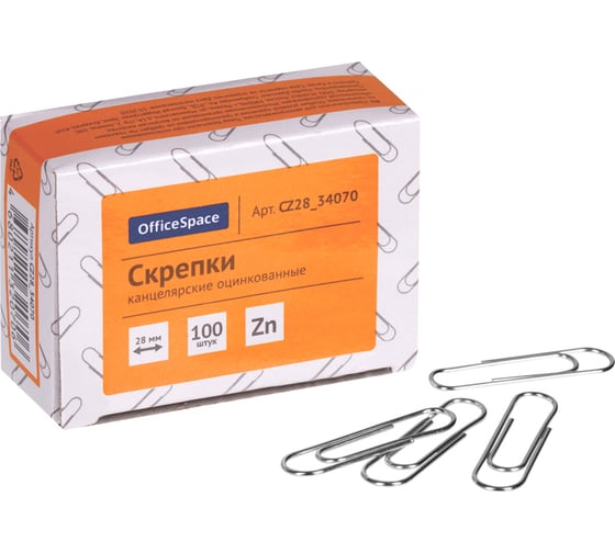 Скрепки Office Space 28мм, 100шт, оцинкованные CZ28_34070