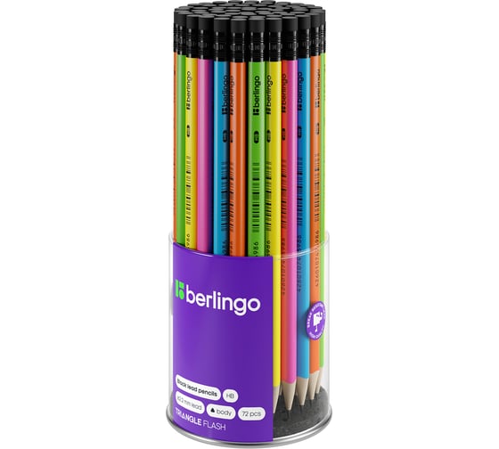 Чернографитный карандаш BERLINGO Triangle flash HB, трехгранный, с ластиком, заточенный BP00810