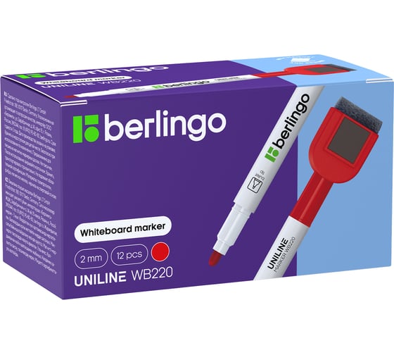 Маркер для белых досок BERLINGO на магните Uniline WB220 красный, пулевидный, 2 мм PM7212