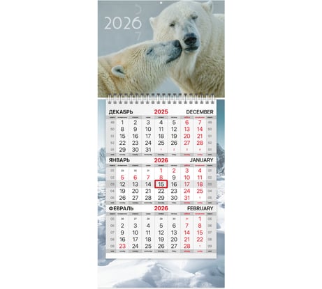 Календарь квартальный BRAUBERG 2026 г, 1 блок 1 гребень бегунок, МИНИ, офсет, Арктика 116846