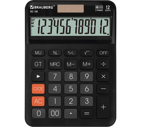 Калькулятор настольный BRAUBERG DC-118-BK 175x126 мм, 12 разрядов, двойное питание, черный 272962