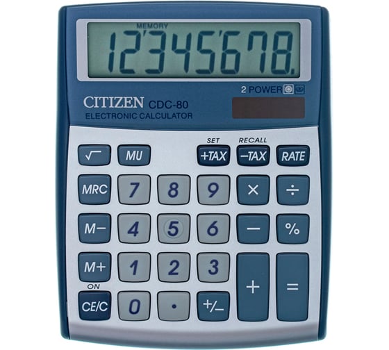 Настольный калькулятор Citizen 8 разрядов, двойное питание, 109х135х25 мм, серебристый CDC-80WB