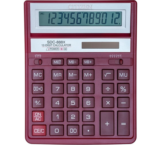 Настольный калькулятор Citizen 12 разрядов, двойное питание, красный SDC-888XRD