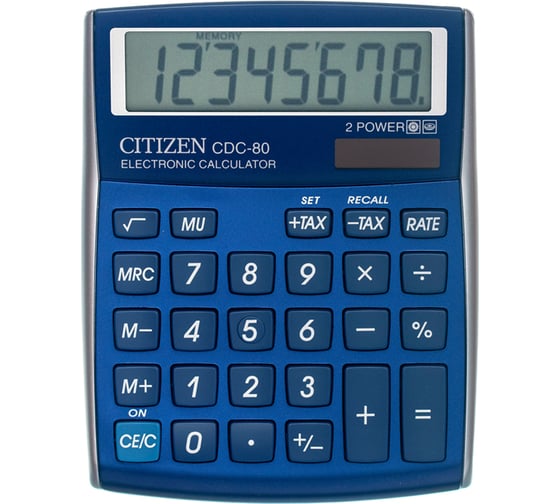 Настольный калькулятор Citizen 8 разрядов, двойное питание, 109х135х25 мм, синий CDC-80BLWB