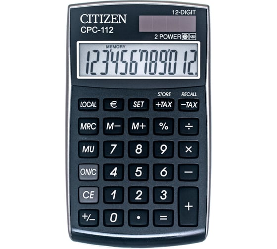 Карманный калькулятор Citizen 12 разрядов, двойное питание, 72х120х9 мм, черный CPC-112BKWB