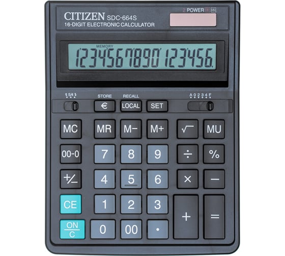 Настольный калькулятор Citizen 16 разрядов, двойное питание, 153х199х31 мм, черный SDC-664S
