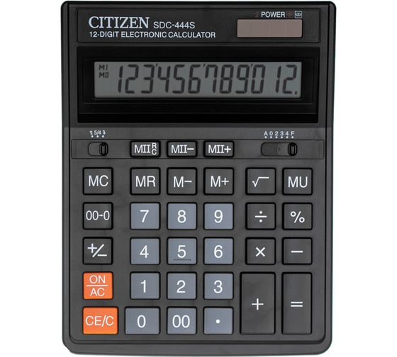 Настольный калькулятор Citizen 12 разрядов, двойное питание, 153х199х31 мм, черный SDC-444S