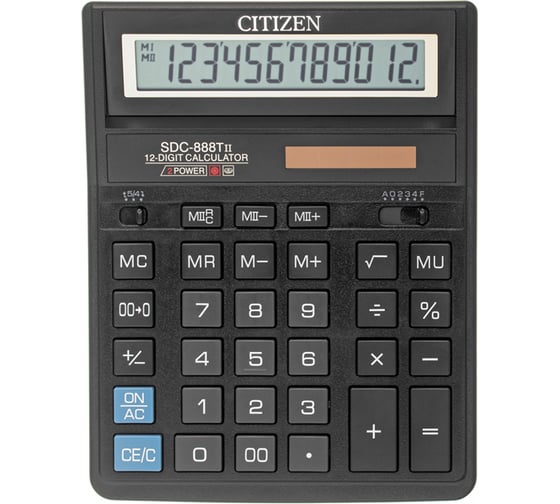 Настольный калькулятор Citizen 12 разрядов, двойное питание, 158х203х31 мм, черный SDC-888TII