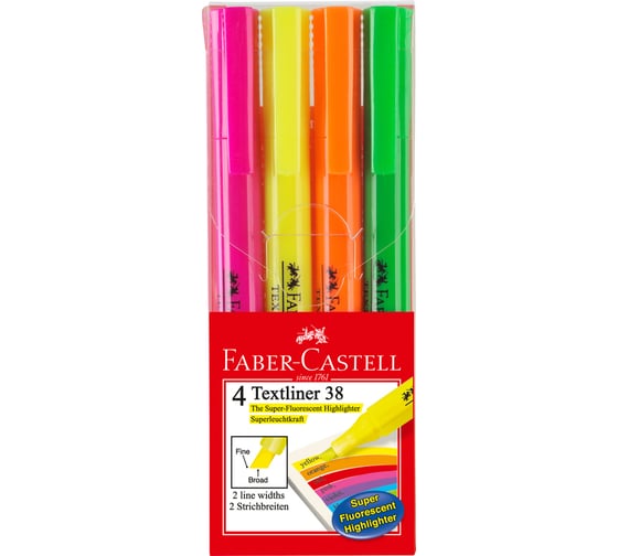 Набор текстовыделителей Faber-Castell 38 4 цвета, 1-5 мм, пластиковая упаковка 157704 1