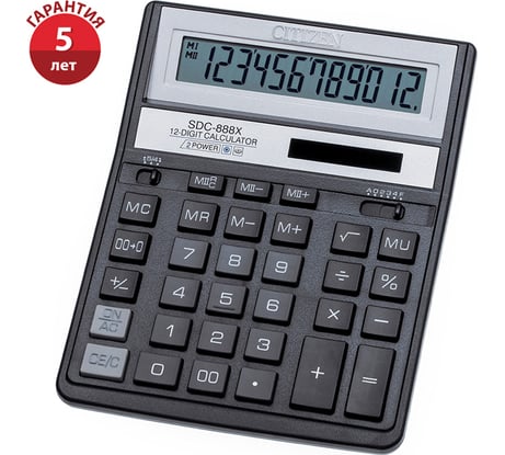 Настольный калькулятор Citizen 12 разрядов, двойное питание, 158х203х31 мм, черный SDC-888XBK