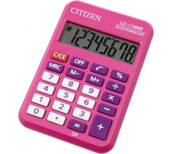 Карманный калькулятор Citizen 8 разрядов, питание от батарейки, розовый LC-110NR-PK