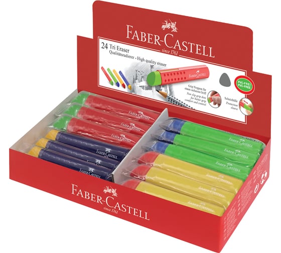 Ластик Faber-Castell Tri треугольный, 83х12,6х12,3 мм, пластиковый футляр, ассорти 182334