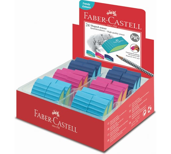 Ластик Faber-Castell PVC-free скошенный, розовый/оранжевый, бирюзовый/светло-зеленый, синий/светло-голубой 183049