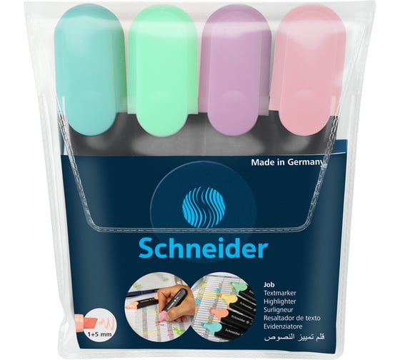 Набор текстовыделителей Schneider Job 4 цвета, пастельные ассорти, 1-5 мм, прозрачный чехол 115098