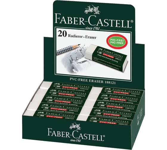 Ластик Faber-Castell PVC-free прямоугольный, картонный футляр, в пленке, 63х22х11 мм 188121