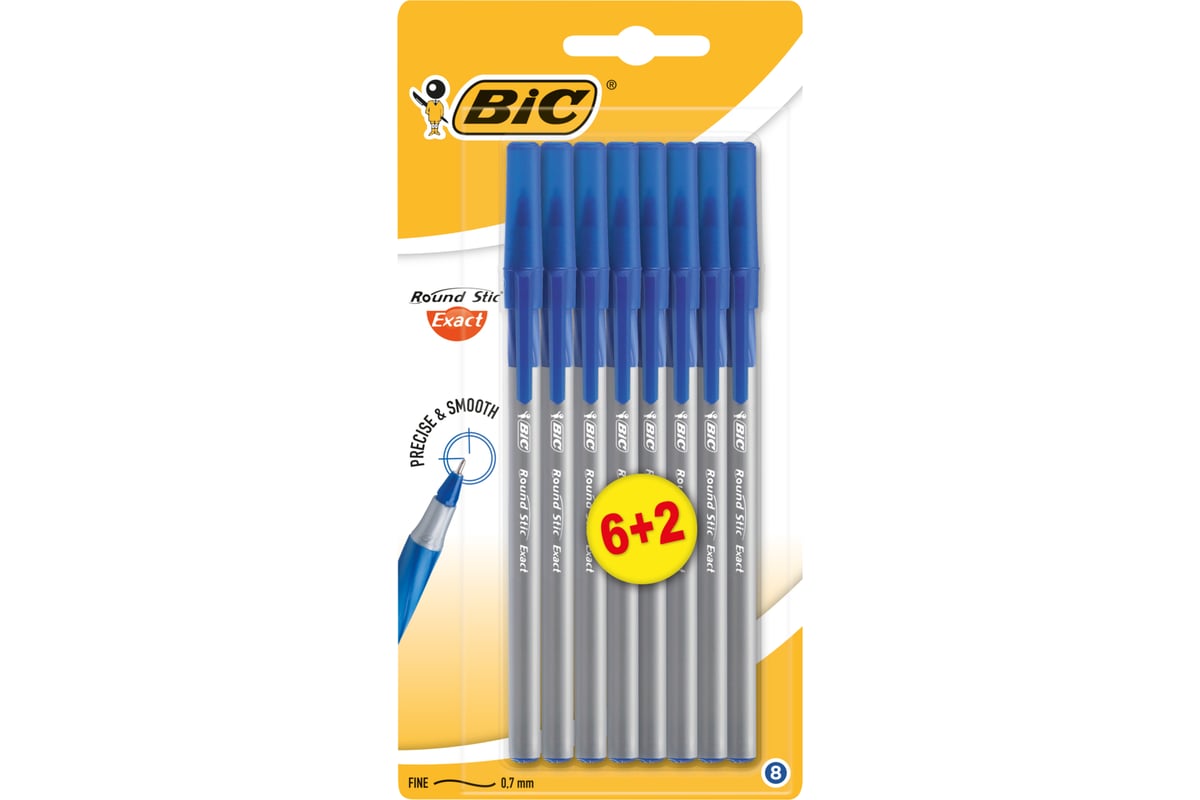 Ручка BIC Раунд Стик Экзакт, 0.28 мм, синий, блистер 6+2 932862 - выгодная  цена, отзывы, характеристики, фото - купить в Москве и РФ