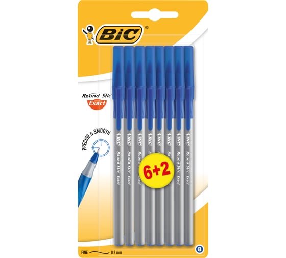 Ручка BIC Раунд Стик Экзакт, 0.28 мм, синий, блистер 6+2 932862