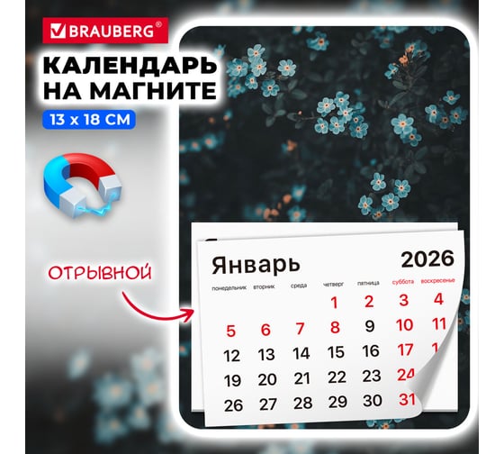 Календарь отрывной BRAUBERG на магните 2026, 130x180мм, склейка, Цветы 117293