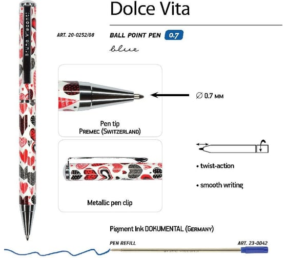 Шариковая ручка Bruno Visconti DOLCE VITA Сердечки Фантазия металлический корпус 0.7 мм 20-0252/07