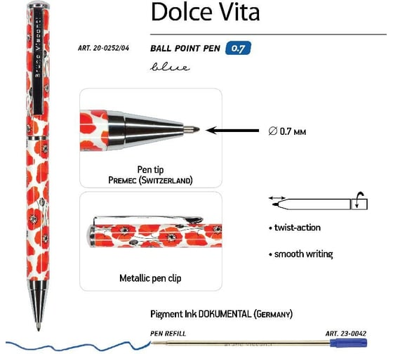 Шариковая ручка Bruno Visconti DOLCE VITA Маки металлический корпус 0.7 мм синяя 20-0252/04