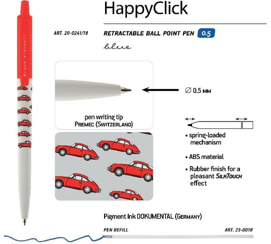 Шариковая ручка Bruno Visconti Happy Click Красные автомобили 0.5 мм синяя 20-0241/18