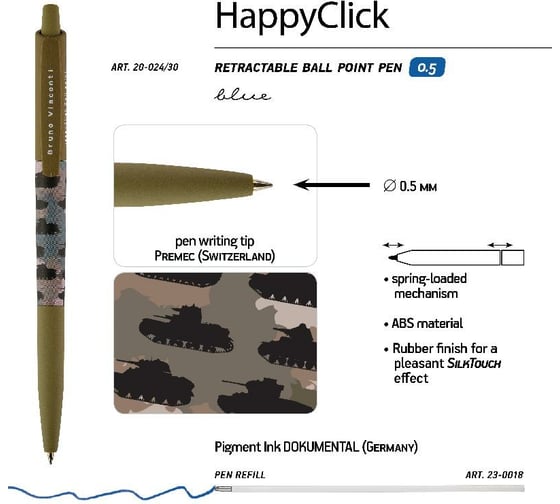 Шариковая ручка Bruno Visconti Happy Click Военный паттерн Танки 0.5 мм синяя 20-0241/30