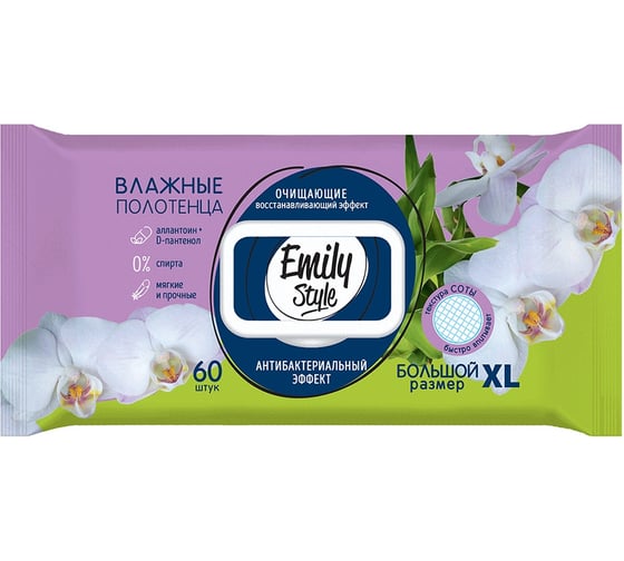 Влажные полотенца антибактериальные, с клапаном Emily Style 60 шт 277749