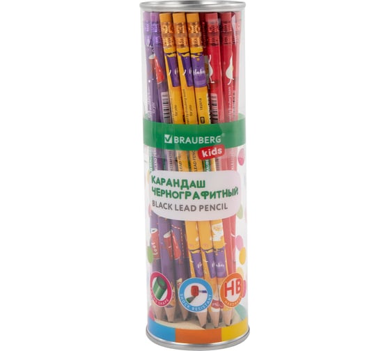 Карандаш чернографитный с принтом BRAUBERG KIDS FOOD, 36 шт, HB, с ластиком, корпус ассорти 182018
