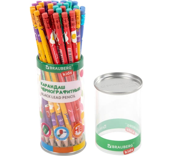 Карандаш чернографитный с принтом BRAUBERG KIDS FOOD, 36 шт, HB, с ластиком, корпус ассорти 182018