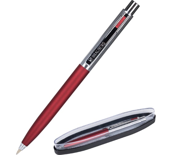 Подарочная шариковая ручка BRAUBERG Cornetto синяя, корпус серебряный с бордовым, линия 0.5 мм 143492