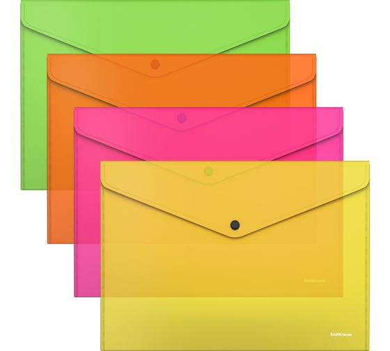 Пластиковая папка-конверт ErichKrause Glossy Neon на кнопке, A4, ассорти по 12 шт 50300
