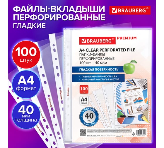 Папки-файлы перфорированные BRAUBERG А4 PREMIUM, КОМПЛЕКТ 100 шт., гладкие, 40 мкм 273007