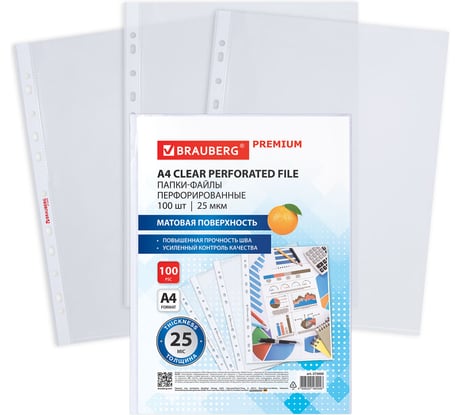 Папки-файлы перфорированные BRAUBERG А4 PREMIUM, КОМПЛЕКТ 100 шт., матовые, 25 мкм 273000