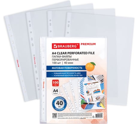 Папки-файлы перфорированные BRAUBERG А4 PREMIUM, КОМПЛЕКТ 100 шт., матовые, 40 мкм 273008
