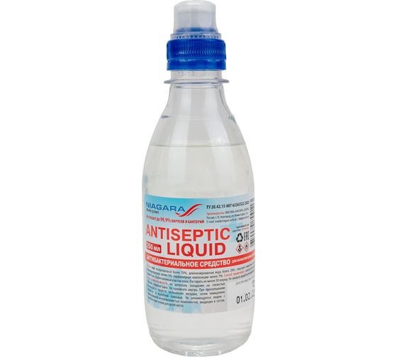 Антисептик для рук NIAGARA Antiseptic Liquid с антибактериальным эффектом 0,25 л, ПЭТ с дозатором 00103100039 1