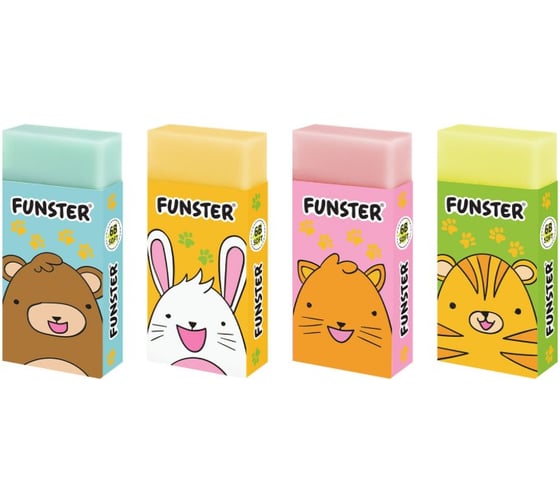 Ластик ОФИСМАГ FUNSTER (ФАНСТЕР) ANIMALS, комплект 30 шт., 50x24x10мм, прямоугольный, картон.держатель, ЭКО-ПВХ, ассорти, 272730