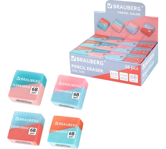 Ластик BRAUBERG PASTEL COLOR DUO, КОМПЛЕКТ 36 шт., 34x34x14 мм, квадратный, экологичный ПВХ, ассорти 272733 1