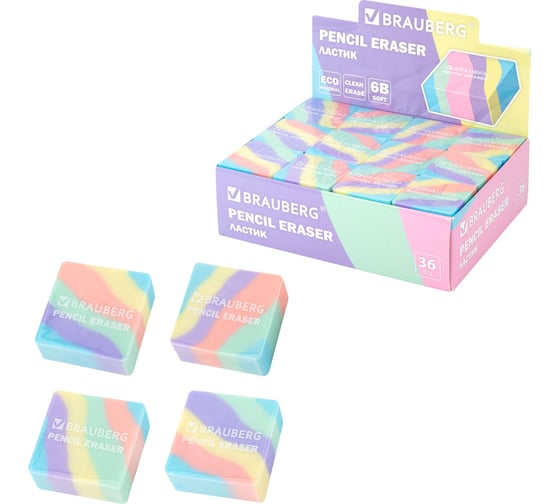 Ластик BRAUBERG PASTEL, КОМПЛЕКТ 36 шт., 34x34x14 мм, квадратный, экологичный ПВХ, ассорти 273210 1
