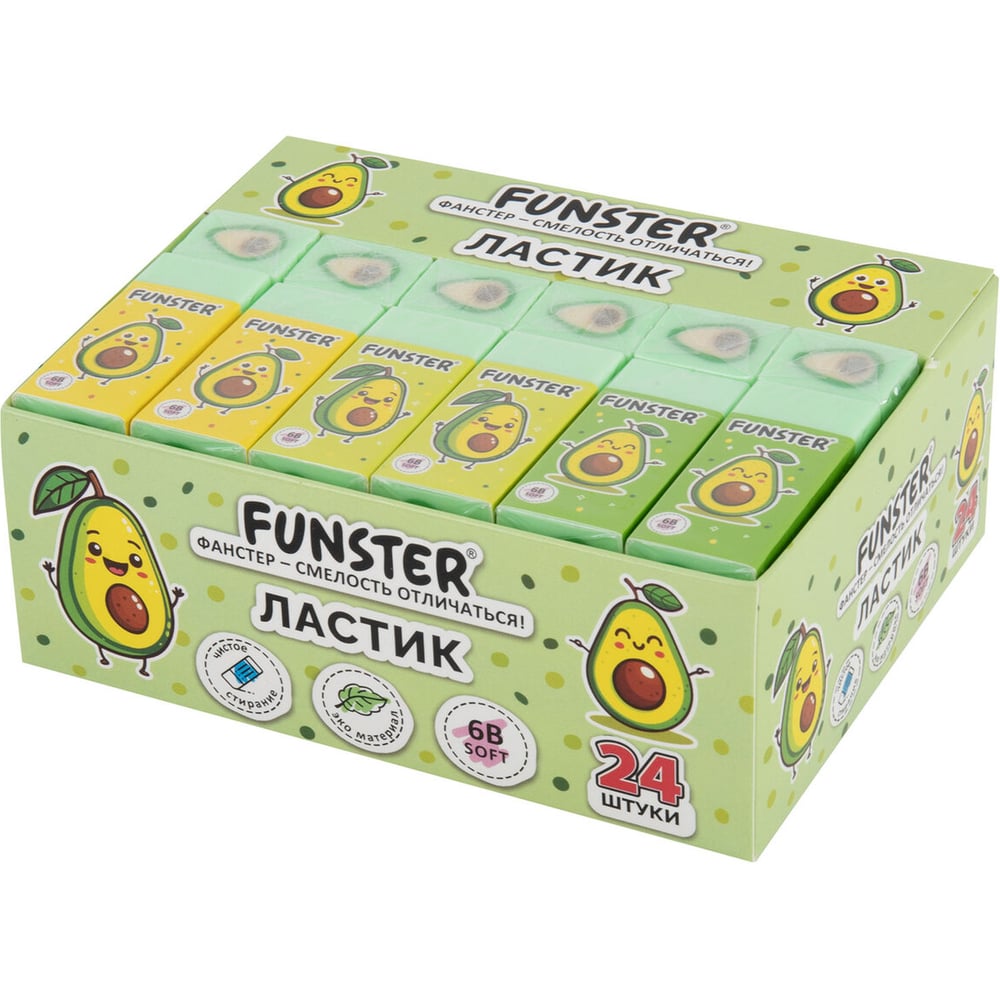 Ластик FUNSTER, 50х21х16мм, прямоугольный, 24 шт., экологичный ПВХ ...