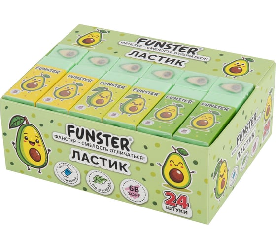 Ластик ОФИСМАГ FUNSTER (ФАНСТЕР), 50х21х16мм, прямоугольный, КОМПЛЕКТ 24 шт., экологичный ПВХ, ассорти 272723 1