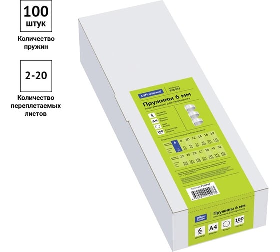 Пластиковые пружины OfficeSpace D=06 мм, белый, 100 шт. PC6997