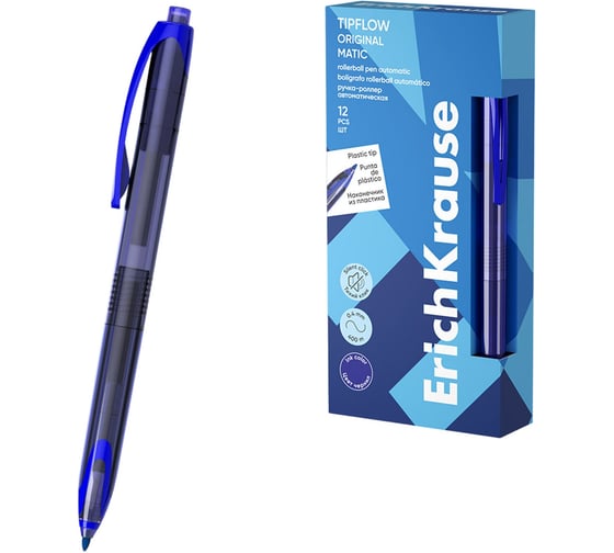 Ручка-роллер автоматическая ОФИСМАГ ERICH KRAUSE TipFlow Stick Matic Original, синяя, 12 шт., линия 0,4мм, 63700 144580 1