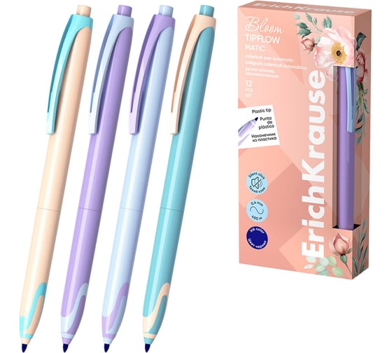 Ручка-роллер автоматическая ОФИСМАГ ERICH KRAUSE TipFlow Pastel Bloom, синяя, 12 шт., корпус ассорти, 0.4мм, 63705 144581 1