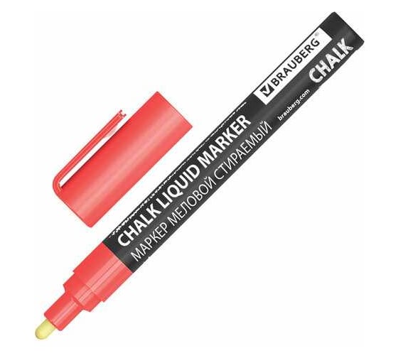 Маркер меловой BRAUBERG CHALK LIQUID MARKER, КРАСНЫЙ, 3 мм, стираемый, комплект 10 шт., CHALK 152589 1