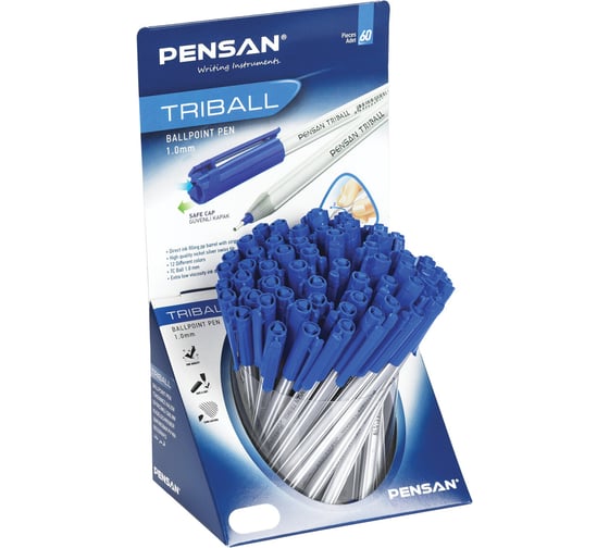 Ручка шариковая масляная Pensan Triball, СИНЯЯ, КОМПЛЕКТ 60 шт., ДИСПЛЕЙ, трехгранная, 1мм, линия 0,5мм, 1003/S60 Pensan 143431 1