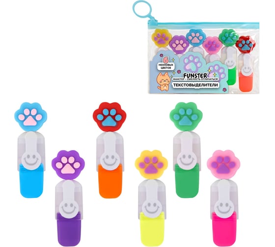 Набор текстовыделителей с топперами 6 ЦВЕТОВ НЕОН FUNSTER, ЛАПКИ, линия 1-4мм, 152645 1