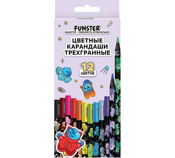 Карандаши цветные ОФИСМАГ FUNSTER (ФАНСТЕР), 12 цветов, черный корпус с принтом, трехгранные, 182066 1