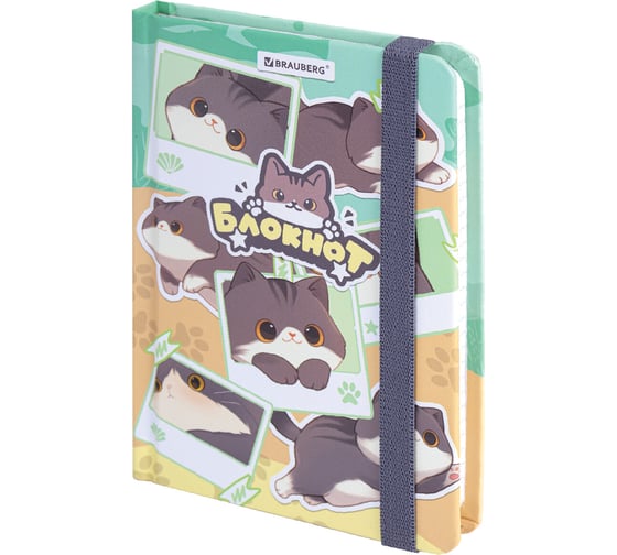 Блокнот с резинкой в клетку BRAUBERG 96л, МАЛЫЙ ФОРМАТ А6 109х148мм, кросс-серия МИЛЫЕ КОТЫ 116991 1